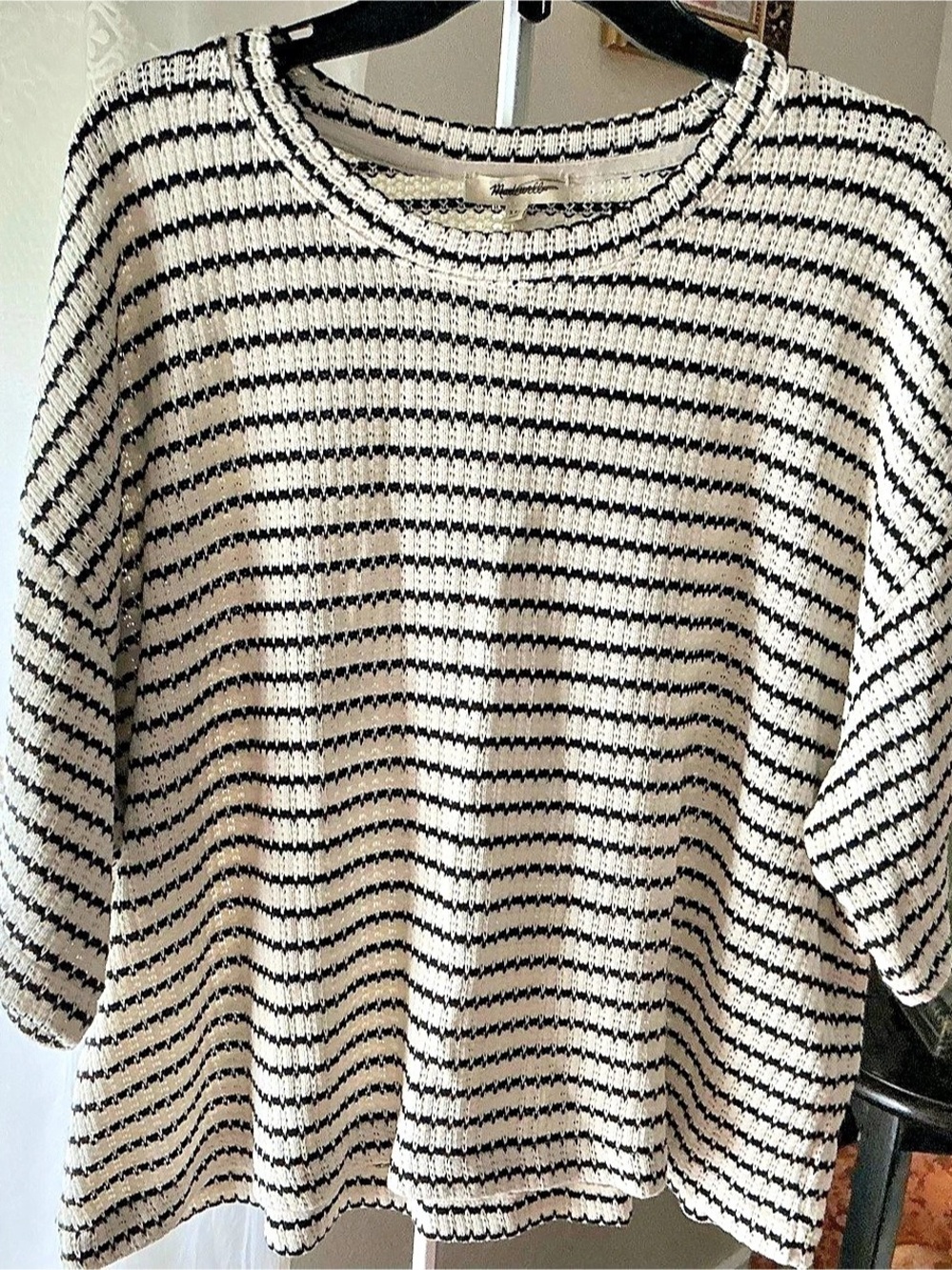 Madewell Striped Textured-Stitch Crewneck Sweater in 100% Cotton Black & White